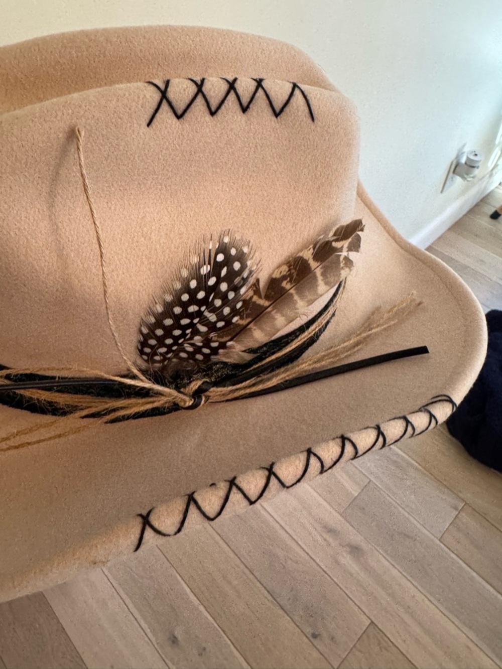Tan Felt Cowboy Hat with Black Band and Feather Accent - Picture 5 of 5